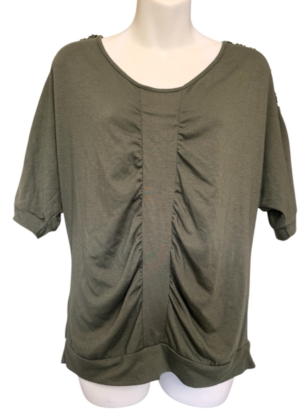 a.n.a Olive Green Ruched Front Short Sleeve Top